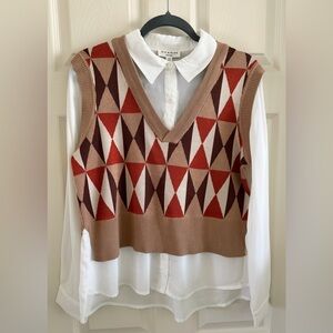 RIO & RIAN New York Geometric One Piece Blouse w/ V-Neck Knit Vest in Tan & Rust